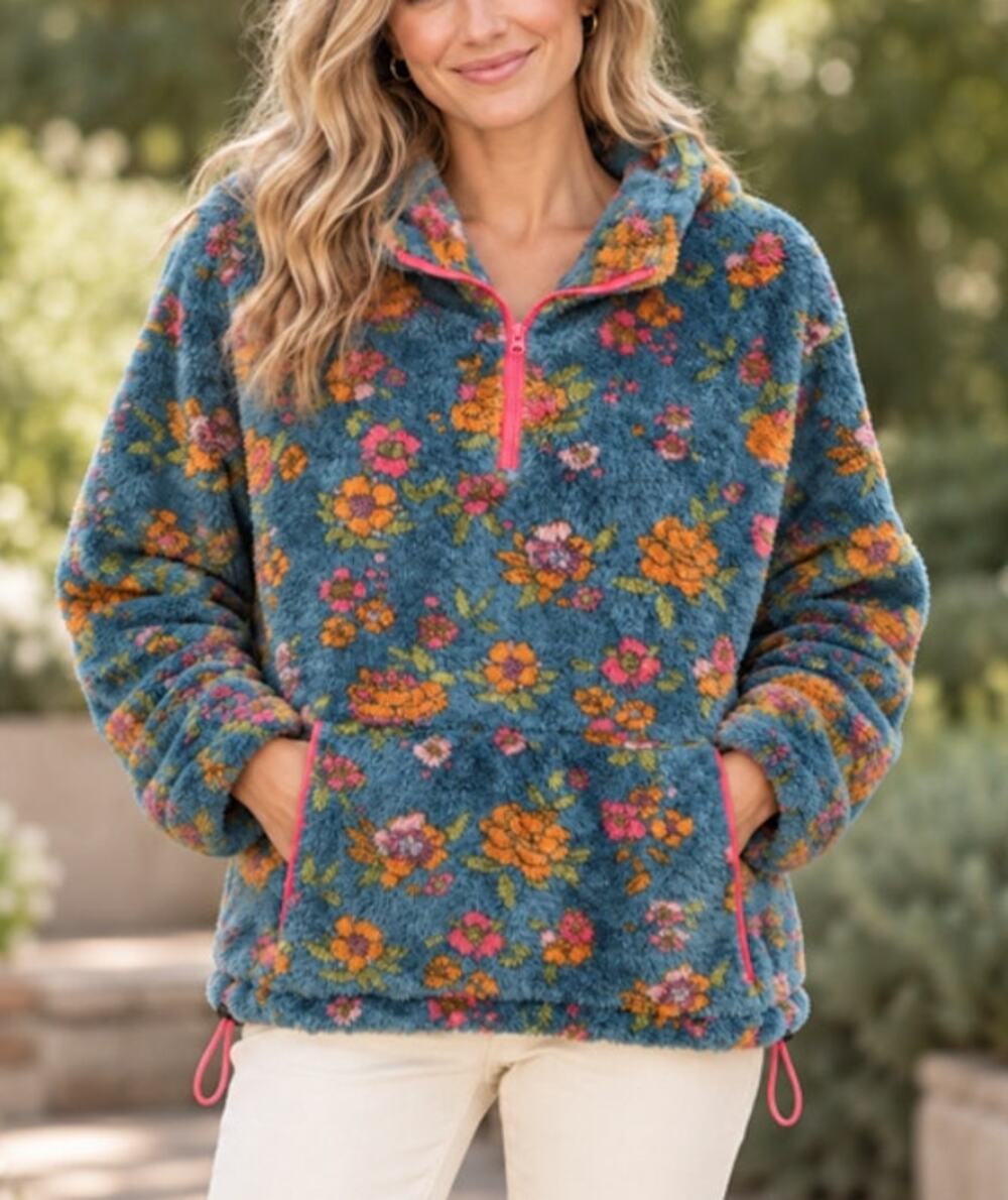 Natural Life NWT Floral Plush Fleece Quarter Zip Pullover Blue Medium